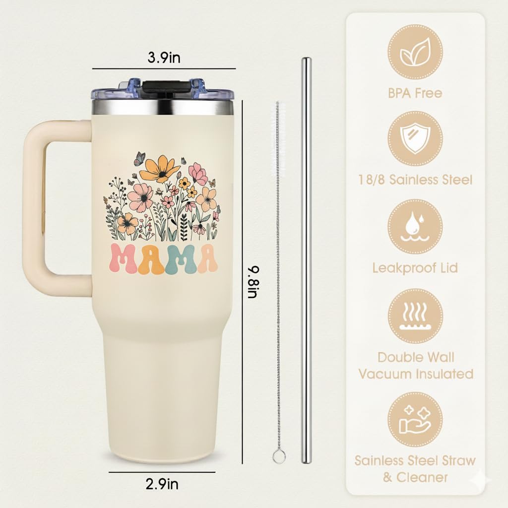 Mama Tumbler Gifts，40oz Tumbler with Handle for Moms, Travel Tumbler Gifts for Mother's Day women Birthday Christmas, Mama s Gift from daughter and Son - Image 3