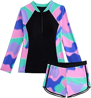 Traje de baño de dos piezas para niña, conjunto de playa con cremallera impresa para niños, protección UV de manga larga+pantalones cortos, traje de baño y playa, 7-14 años/130-160cm