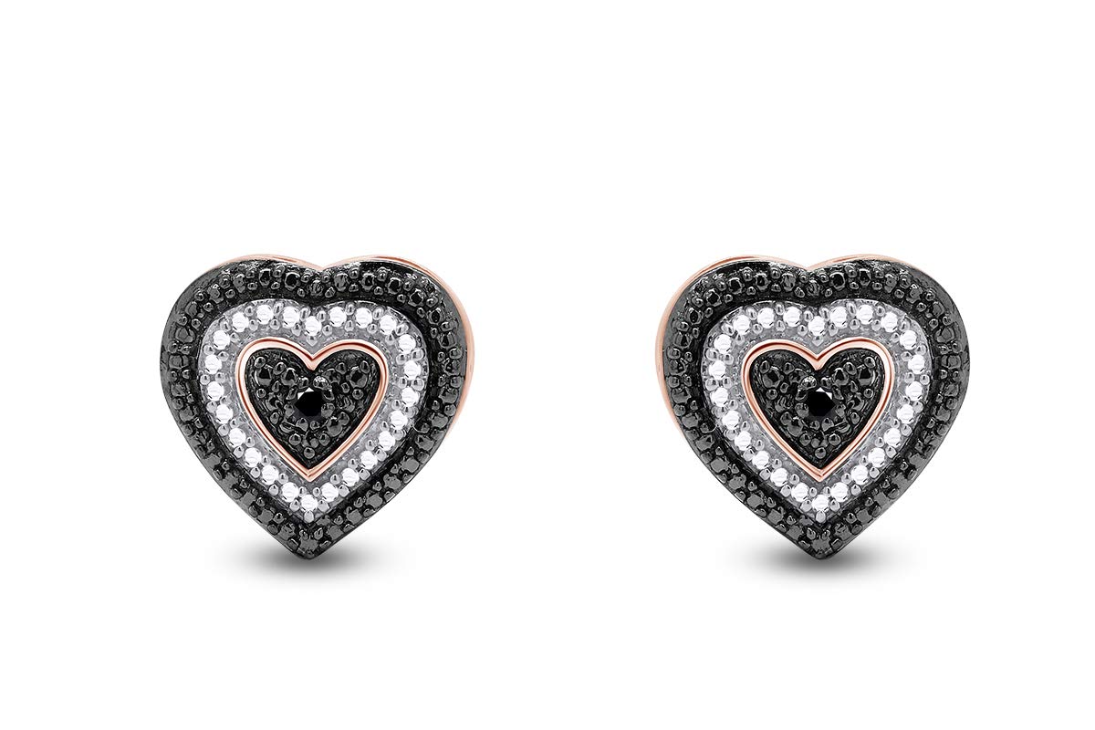 Black & White Natural Diamond Accent Heart Shape Stud Earrings for Women, 14K Gold Over 925 Sterling Silver (0.02 Ct) with Push Back, Dainty Fine Jewelry Gift