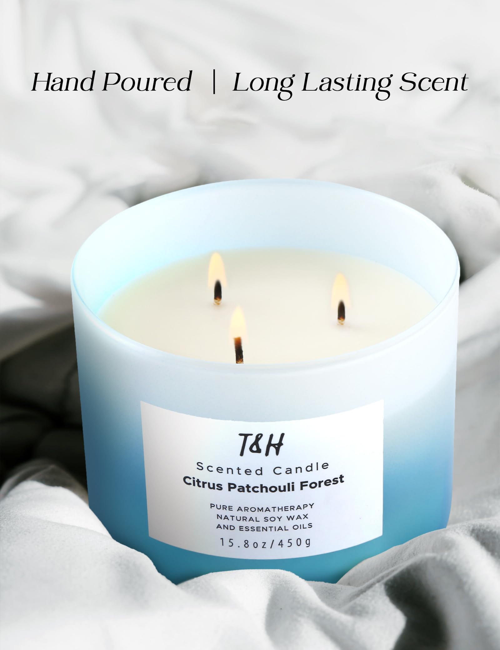 Zitrus-Patchouli-Waldkerze für Zuhause, natürliche 3-Docht-Soja-Kerze, beruhigende Aromatherapie-Kerze, Geschenk für Damen und Herren, 450 ml, große entspannende Kerze, stark duftend