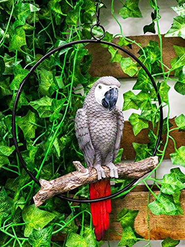 Ebros Patio Home Garden Guacamayo colgante en rama en anillo redondo de metal escultura amantes de la naturaleza pájaros tropicales coleccionistas decoración 13.5" H (guacamayo gris) Cover