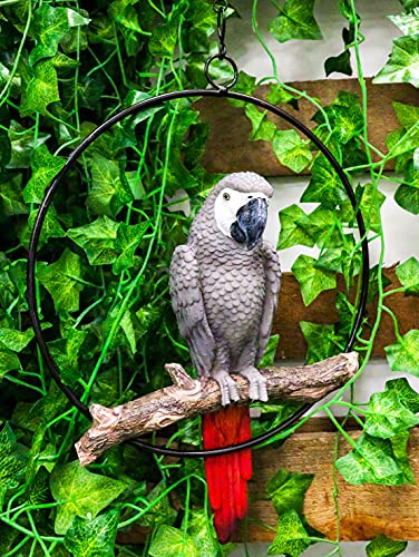 Ebros Patio Home Garden Hanging Macaw Parrot Perching on Branch in Metal Round Ring Figurine Sculpture Nature Lovers Tropical Bird Collectors Decor 13.5" H (Grey Macaw)