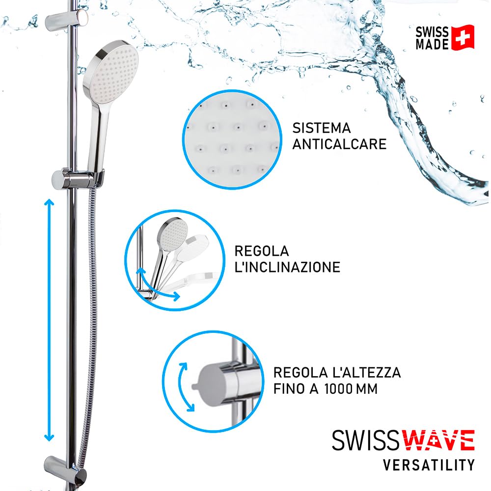SwissWave - Kit Asta Doccia Reno 1000mm con Doccetta 1 Getto e Flessibile 1600mm - Asta Acciaio Inox - Fissaggi Murali Regolabili - Installazione Semplice e Design Moderno - Argento/Cromo
