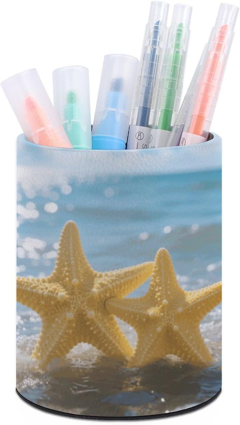 Office Yellow Starfish on Beach Desk Organizer Pen Holder Round