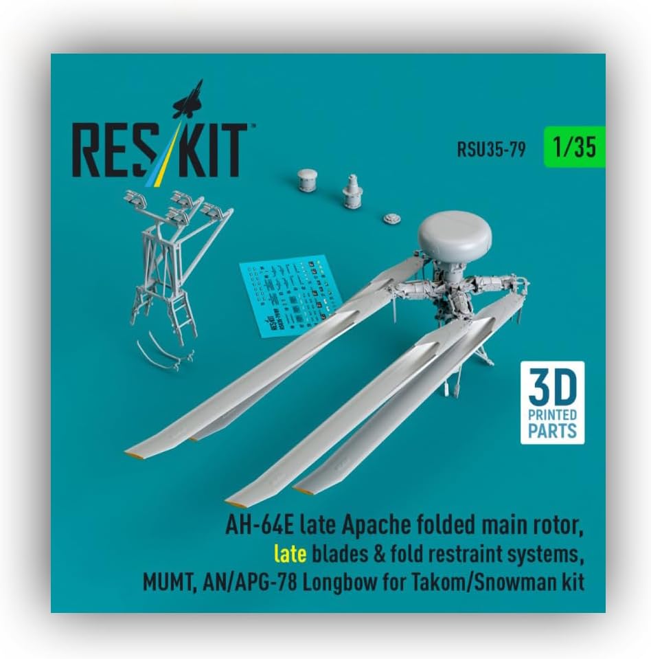 RSU35-0079 1/35 AH-64E Late Apache Folded Main Rotor, Late Blades & fold Restraint Systems, MUMT, Longbow for Takom/Snowman kit (3D Printed) Scale Model/Replica Reskit