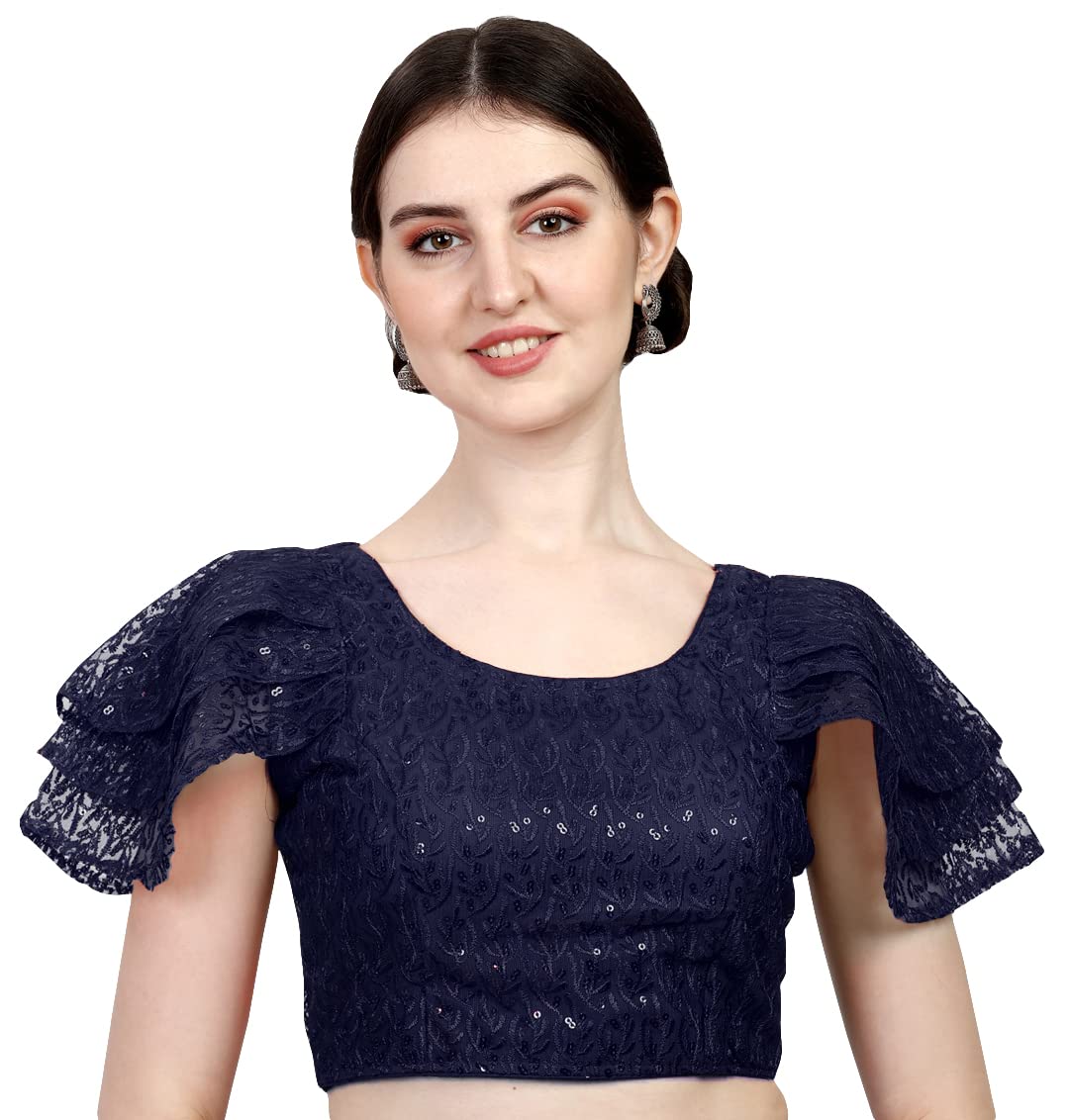 Pujia MillsWomen's Multicolore Shifly Net Work Ruffle Sleeves Readymade Saree Blouse for Lehenga Choli