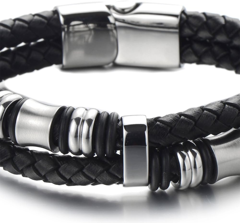 COOLSTEELANDBEYOND Mens Double-Row Braided Leather Bracelet Bangle Wristband with Black Stainless Steel Ornaments - Image 3