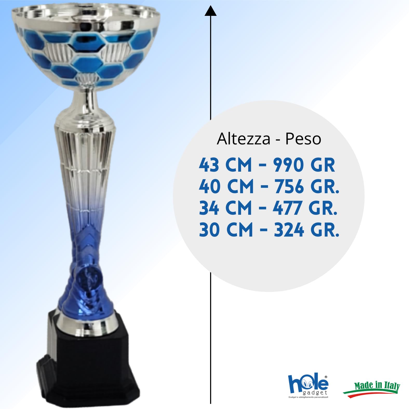 Coppa Trofeo Premiazione Personalizzata, Argento e Blu, Metallo, con Targhetta Stampata Inclusa, Varie Misure per Calcio, Fantacalcio, Eventi Sportivi, Padel, Basket, Sport.