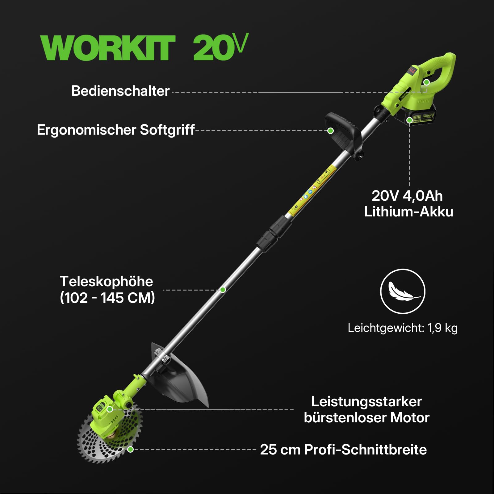 WORKIT Rasentrimmer mit Akku, Freischneider mit 2x4.0Ah Akkus und 4 Messertypen, Bürstenlose, 20V, Schnittbreite 23 cm, für Rasenschneiden Rasenpflege Auffahrt und Garten