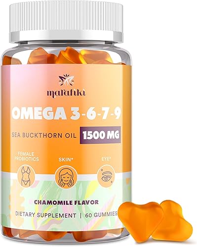 Gomitas de Omega 3 6 7 9 para Mujeres - Suplemento de Omega 3 con Aceite de Espino Amarillo, Aceite de Linaza, Vitaminas E, A y Probióticos - Para