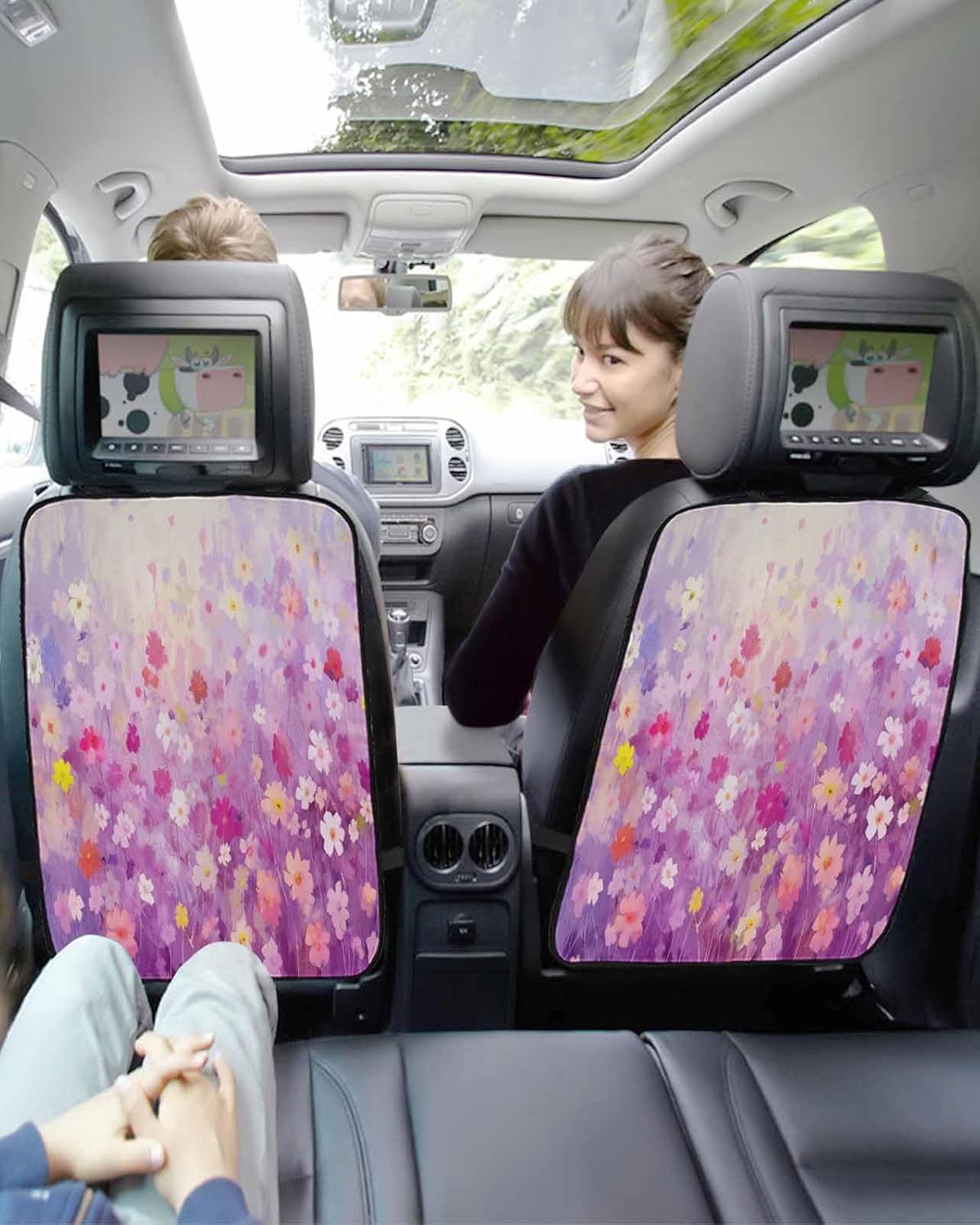 Car Seat Protector, 2 Pack Kick Mats Back Seat Protector Spring Abstract Watercolor Purple Flowers Oil Painting Waterproof Backseat Cover for Kids Universal Fit Automotive Interior Protectors