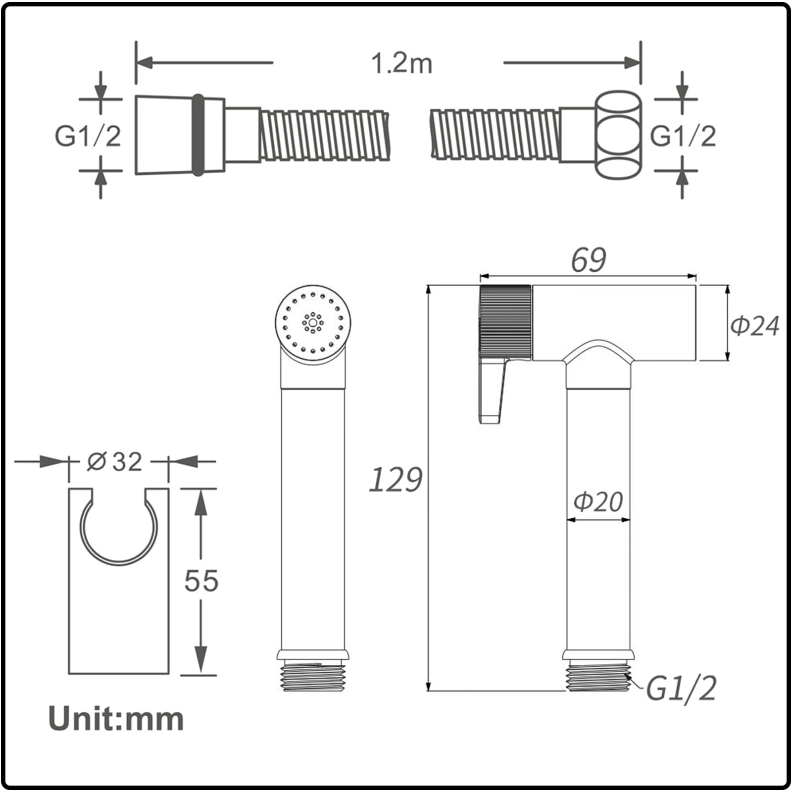 Kit Douchette WC Chrome Douchette Toilette Laiton Douchette WC Kit Complet avec Pulvérisateur Double Fonction, 1.2m Tuyau de Douche, Support
