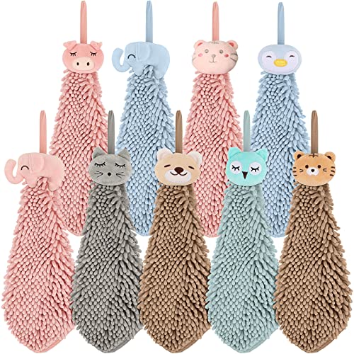 9 Pack Cute Chenille Soft Hanging Hand Towels, Funny Cartoon Animal Hand Towel With Hanging Loop, Kids Hand Towel Set Absorbent Thick Kitchen Bathroom Towels Bulk, 5 Colors #TOP10