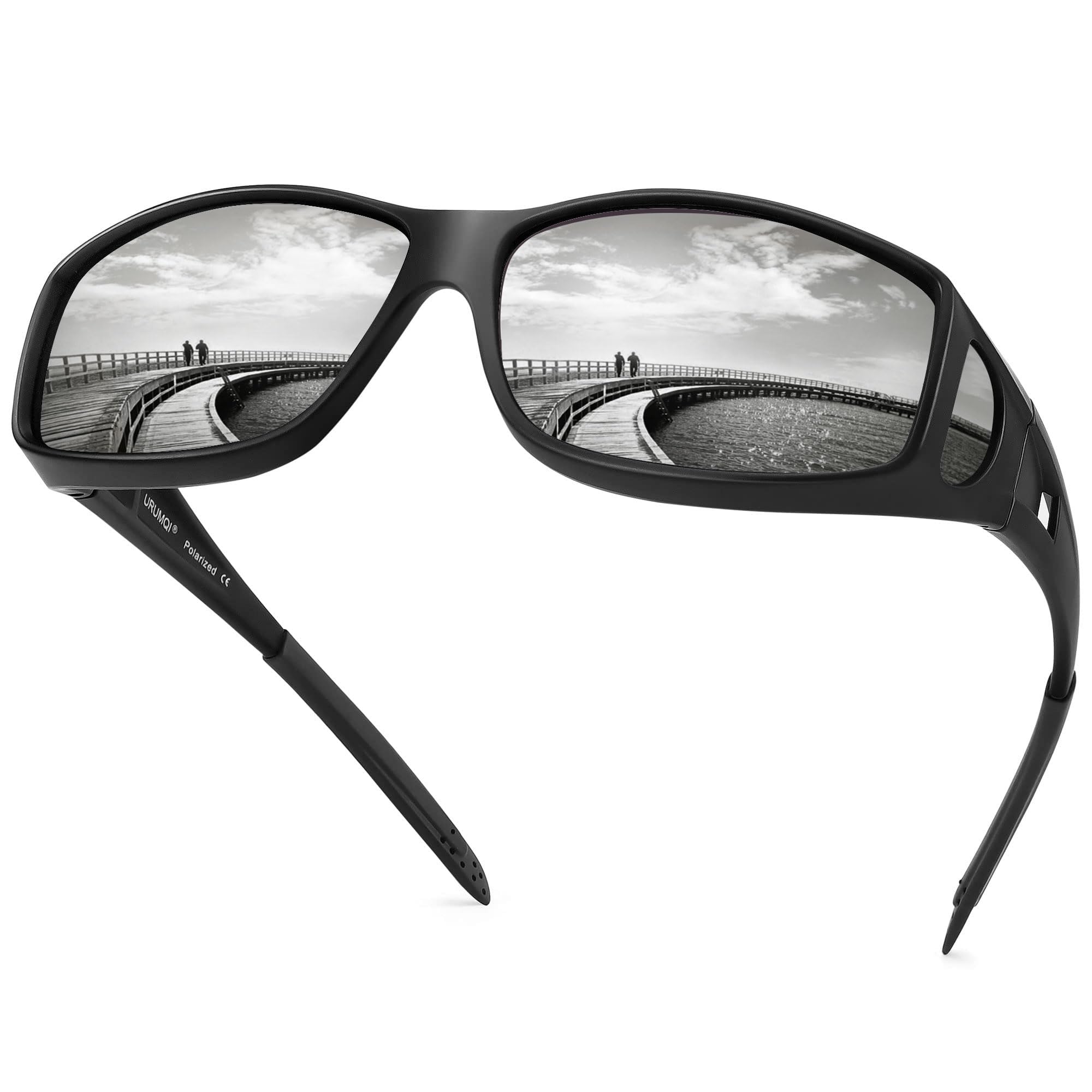 URUMQI Sunglasses Over Prescription Glasses, Polarised UV 400 Protection, Wrap Around Anti Glare Sun Shades for Men Women A04 Matte Black Frame/Grey Lens