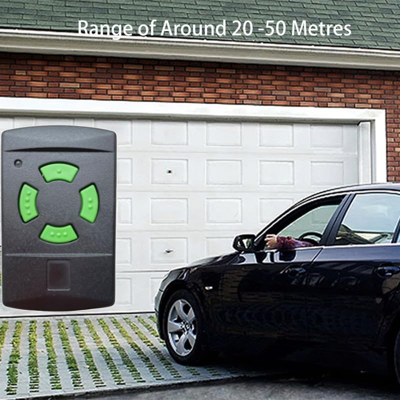 Image showing a remote control in front of a garage door with a car, indicating operating range