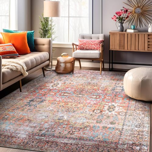 Rugshop Multi Transitional Distressed Large Area Rug — Machine Washable & Non‑Slip, 9'x12' for Living Room, Dining Room and Bedroom