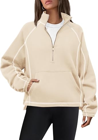 ReachMe Fleece Quarter Zip Pullover Women Oversized Mock Neck Sweatshirts Half Zip Pullover Casual Tops