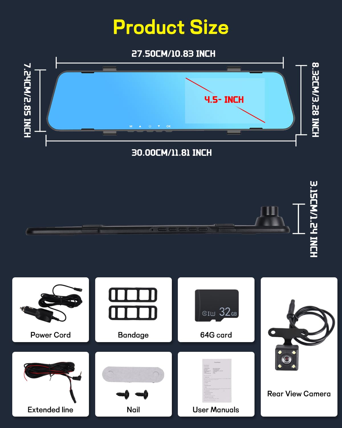 NHOPEEW 1080P Dash Cam con schermo da 4,5 pollici, telecamera anteriore e posteriore, registrazione in loop, linee guida per il parcheggio, visione notturna + scheda da 32 GB