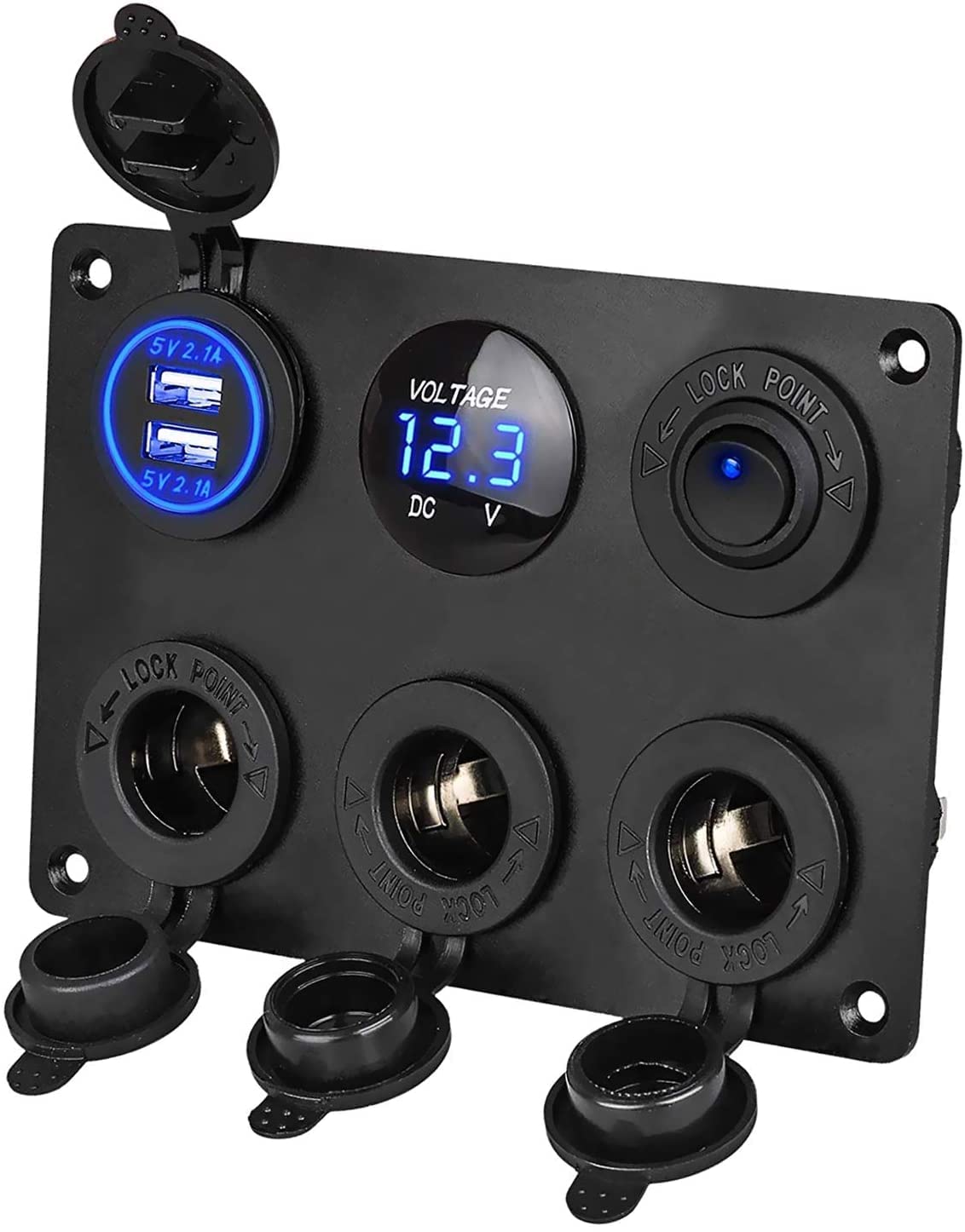 Linkstyle 12V Cigarette Socket Panel, 3-Socket Cigarette Lighter Splitter & 12V 4.2A Dual USB Car Socket & LED Lighted ON Off Rocker Toggle Switch Panel with LED Voltmeter for Truck Car Marine Boat RV