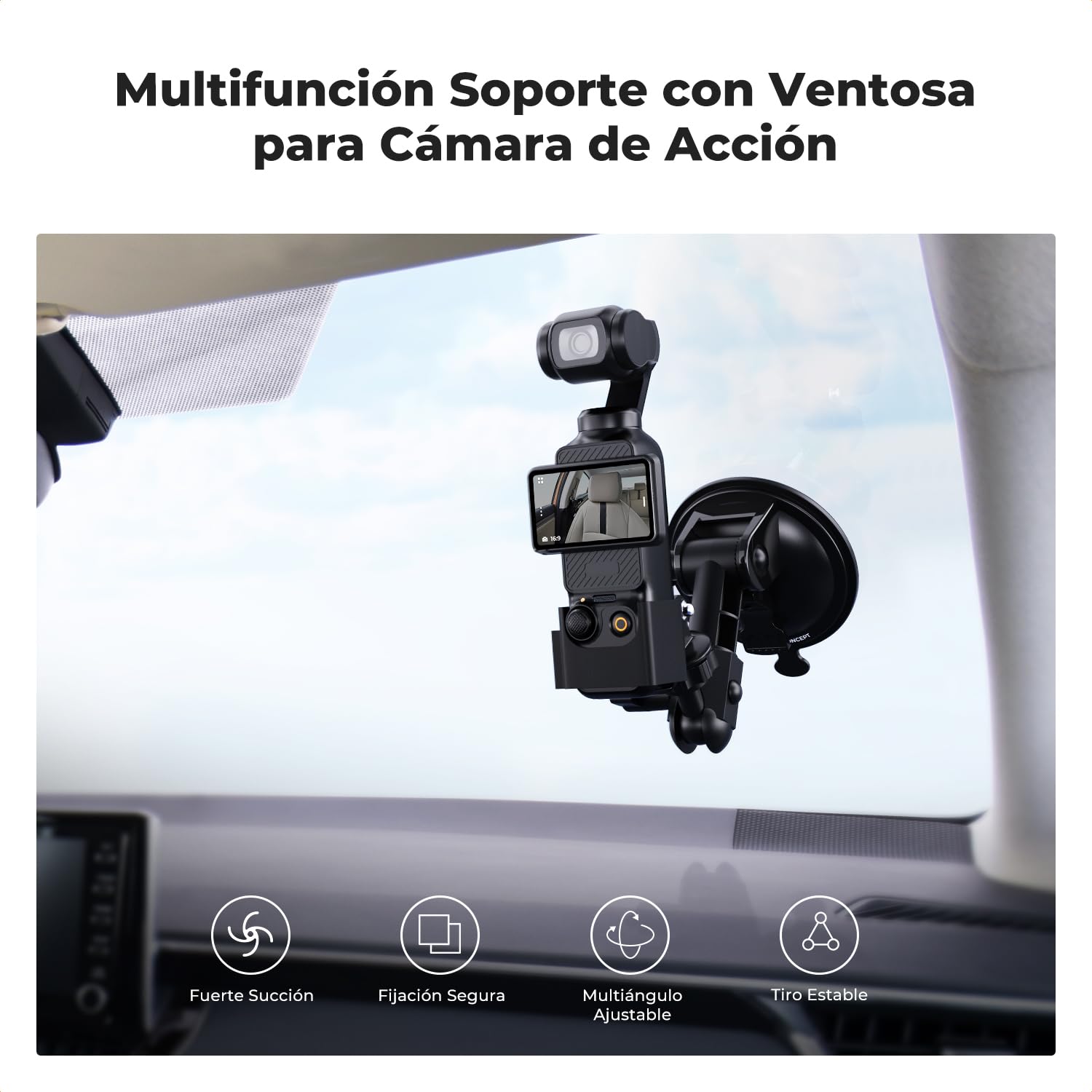K&F CONCEPT Soporte de Coche con Ventosa para GoPro Hero 13 12 11 10 dji Action 5 Pro/4/3 dji Osmo Pocket 3, Soporte Ventosa del Parabrisas del Coche para Insta360 X5 X4