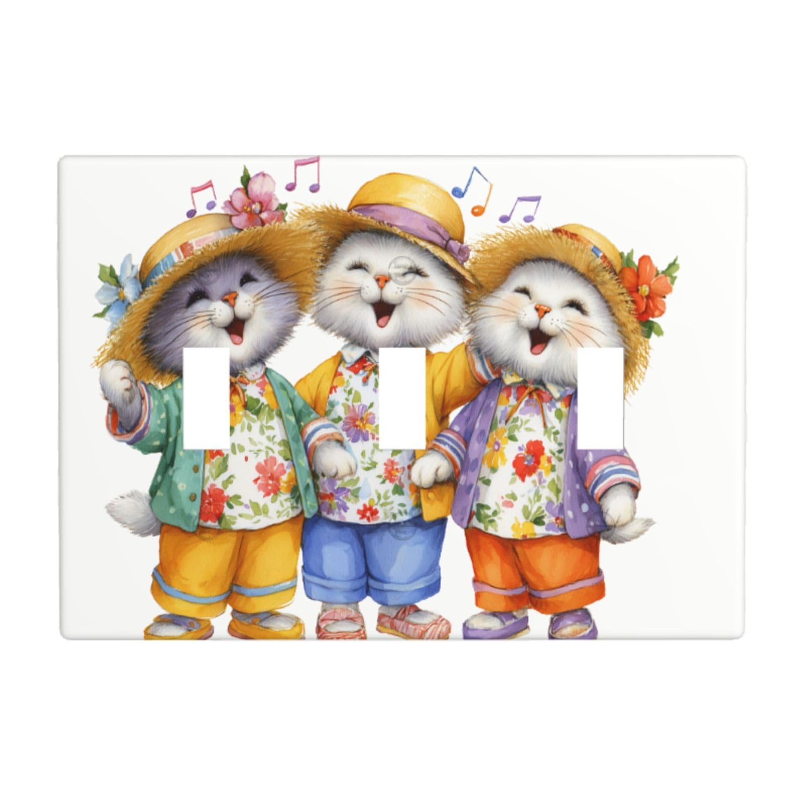 Woshuwo White Happy Smiling Cats In Summer Outfits Singing Light Switch Covers 3 Gang Triple Toggle Wall Plate Switchplate Electrical Faceplate For Bathroom Kitchen Bedroom Decor