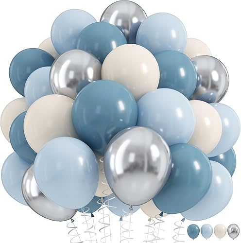 Juego de 60 globos de 12 pulgadas en colores azul claro polvoriento, azul pizarra, blanco marfil y plateado metálico, decoración para fiesta de
