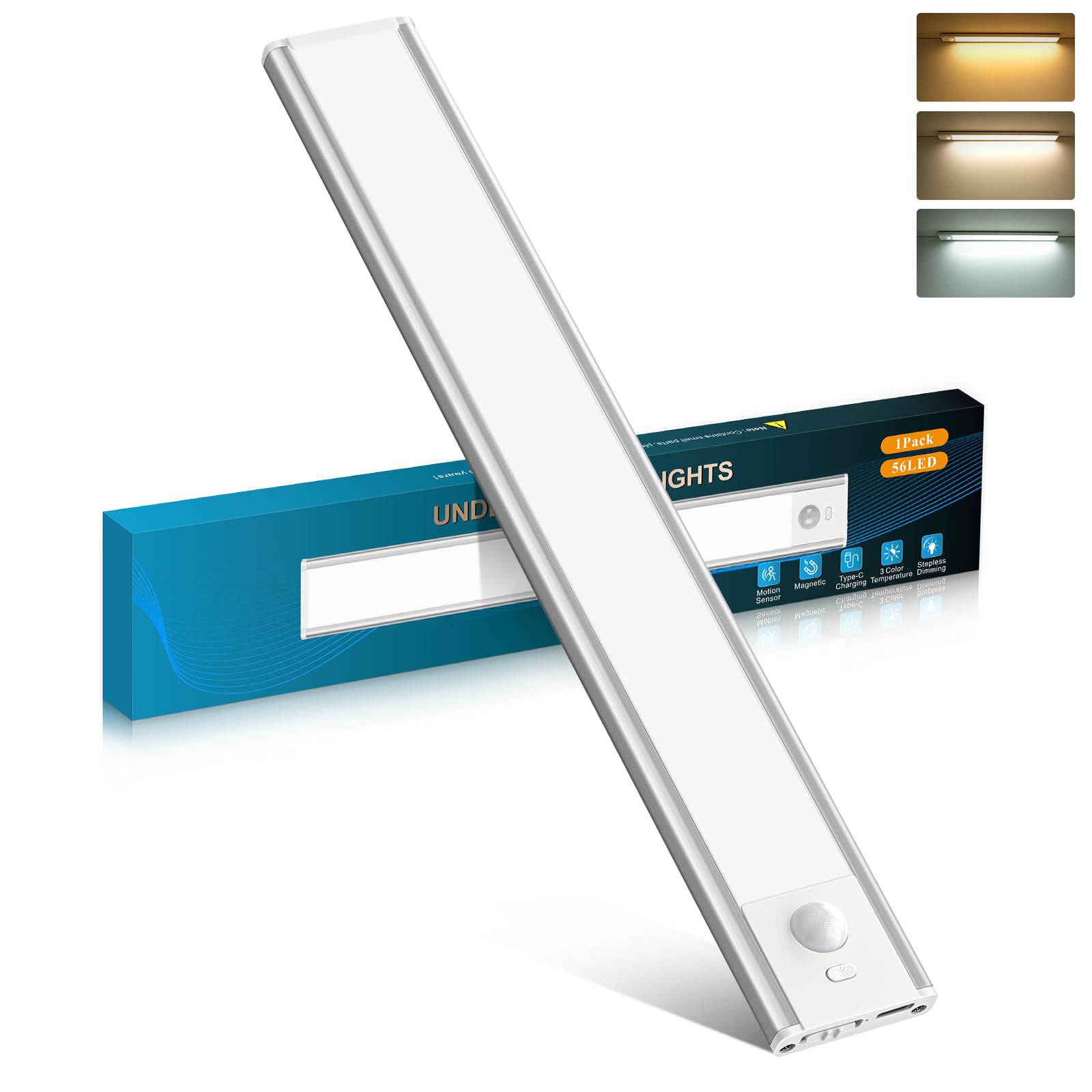 COTLEDL Unterbauleuchte Küche LED Schrankbeleuchtung mit Bewegungssensor 30CM, 1 Stück Typ-C 2200mAh Wiederaufladbar, 3 Farbtemperaturen 10%-100% Dimmbar Schranklicht für Schlafzimmer, Flur