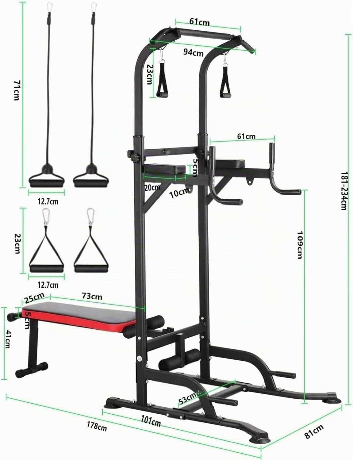 Dip Station Power Tower Tour de musculation multifonction avec banc de musculation pliable, barre de traction pour appareils de musculation à la maison, avec bandes d'entraînement, capacité de charge