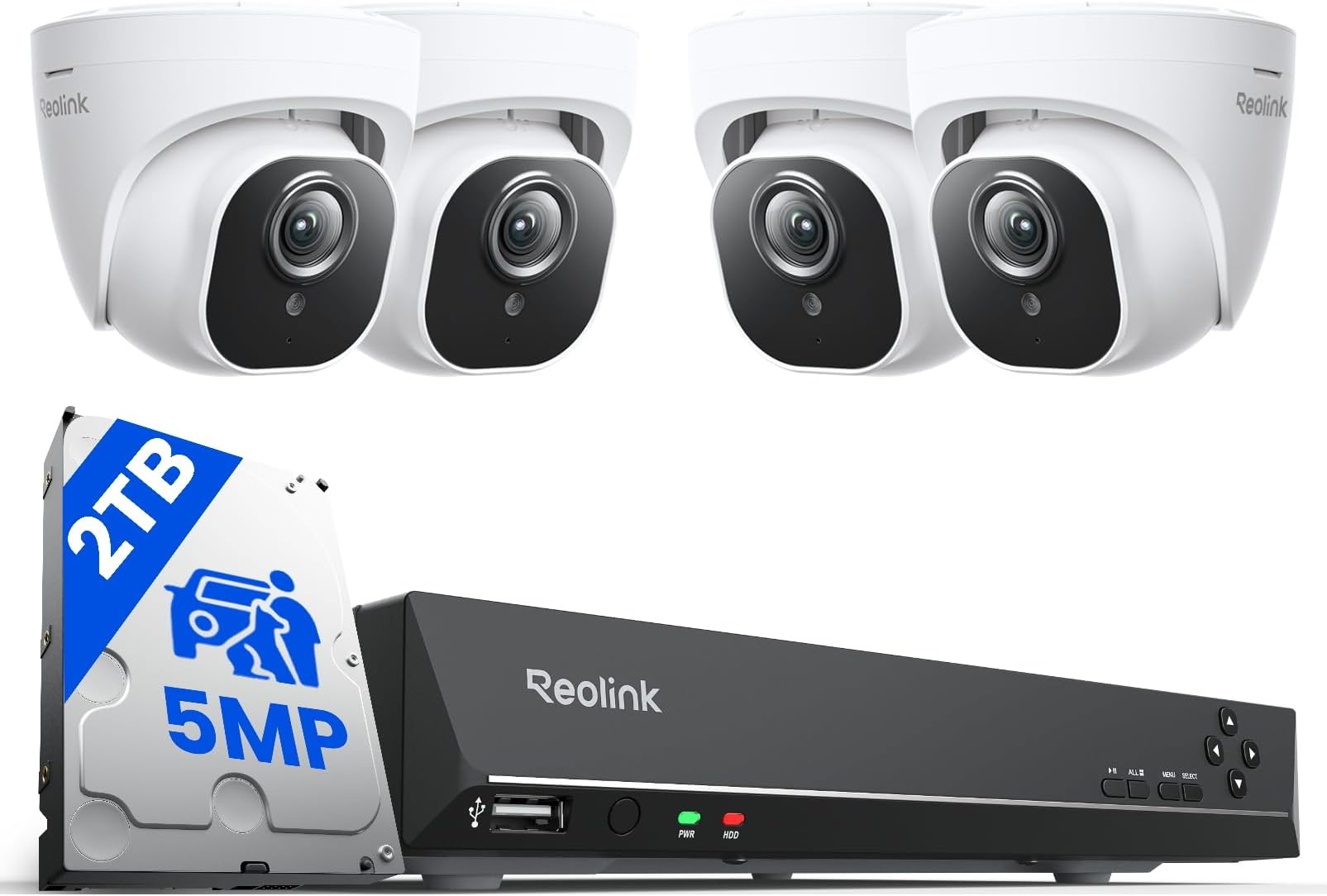 Reolink 8CH NVR PoE CCTV Security Camera System, with 2TB HDD and 4X 5MP Motion Detection Outdoor PoE IP Cameras, 100ft Night Vision Remote Access, RLK8-520D4-5MP