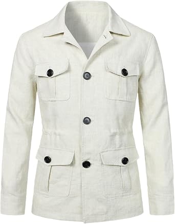 Mens Linen Jacket Lightweight Breathable Casual Single Breasted Cargo Coat with Pockets