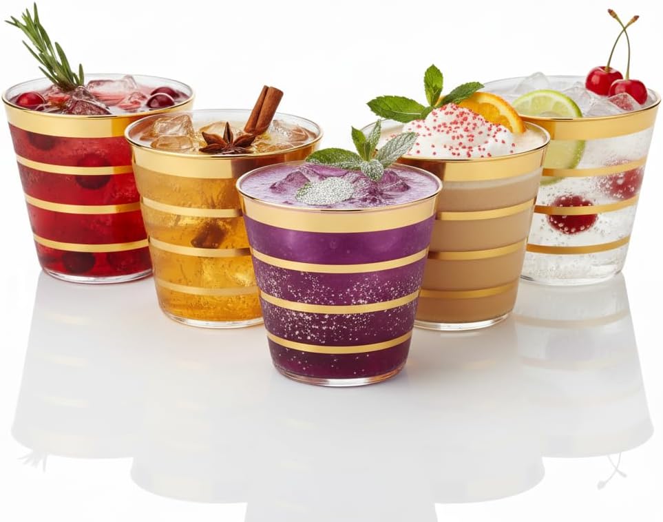 Perfect Settings 110 Gold 4 Line Clear Plastic Cups 9oz - Holiday Wedding Party Elegant Trimmed Disposable Cups, 4 Line Gold Party Cups