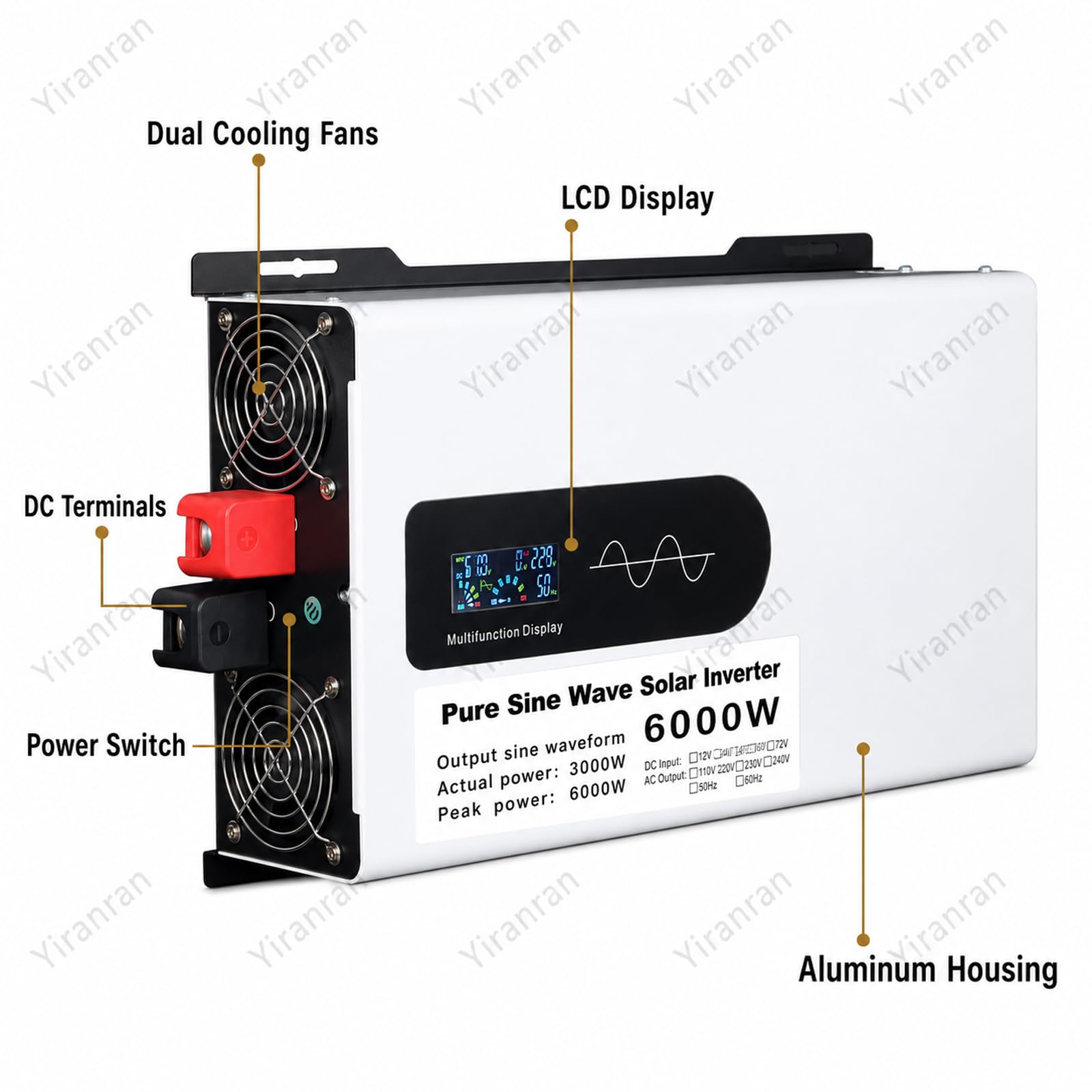 Inverter Ibrido Solare da 6000 W, Convertitore di Tensione Inverter A Onda Sinusoidale Pura Ad Alta Potenza, 3000 W Continui, 6000 W di Picco, Display LCD, Protezione Multipla, 96V