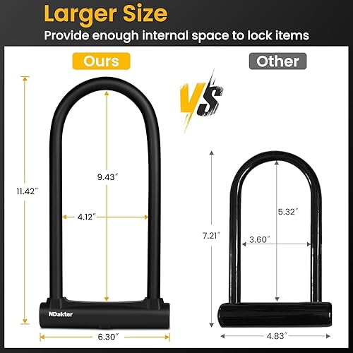 Miniatura 4 de NDakter Candados de bicicleta resistentes antirrobo, cerradura en U para bicicleta con cadena de 4 pies y soporte, candado eléctrico de bicicleta de