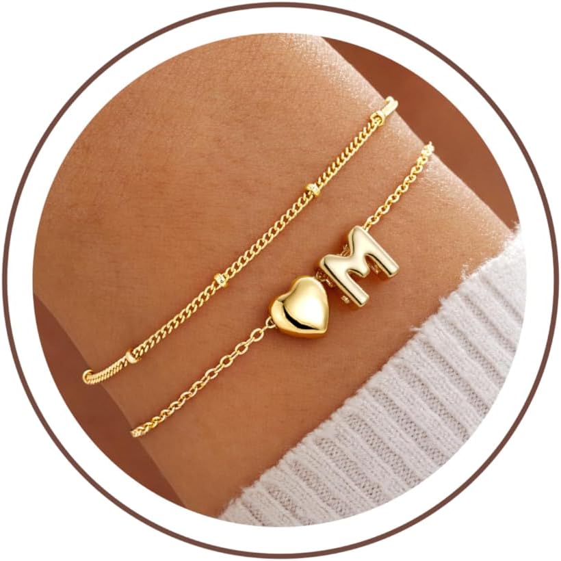 Turandoss Initial Heart Bracelets for Women Girls - Dainty 14K Gold Plated Heart Initial Letter Bracelet for Women Trendy, Layered Link Charm Bracelets Womens Jewelry Birthday Gifts