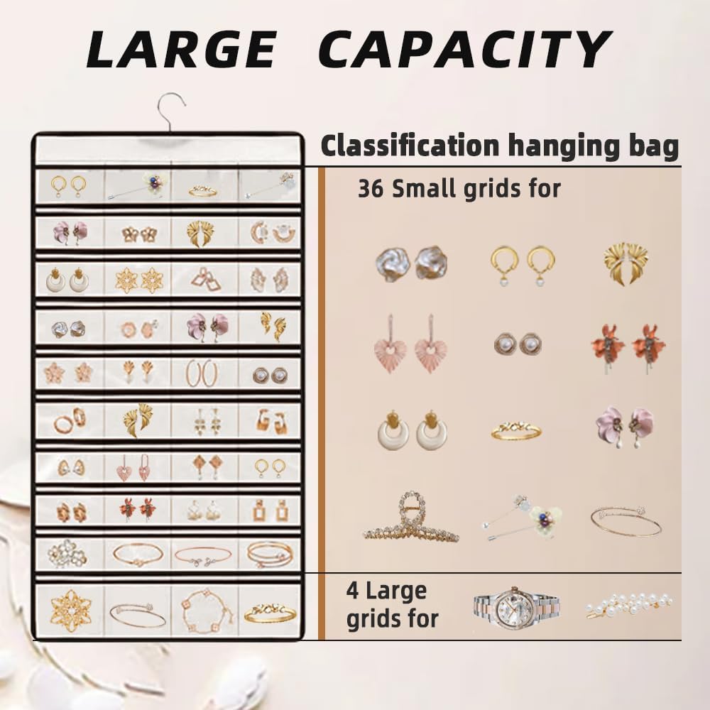 Hanging Jewelry Organizer Storage Earring Jewelry Storage Bag With 48 Pockets Necklace Bracelet Ring Glasses Accessory Display Rack (White)