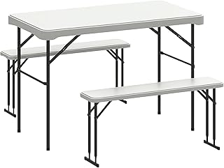 Outsunny 3 Piece 4ft Folding Picnic Table and Bench Set, Portable HDPE Camping Table and Chairs with Carrying Handle for Indoor Outdoor, Dining, Camping, Picnic, BBQ, Party, Light Grey