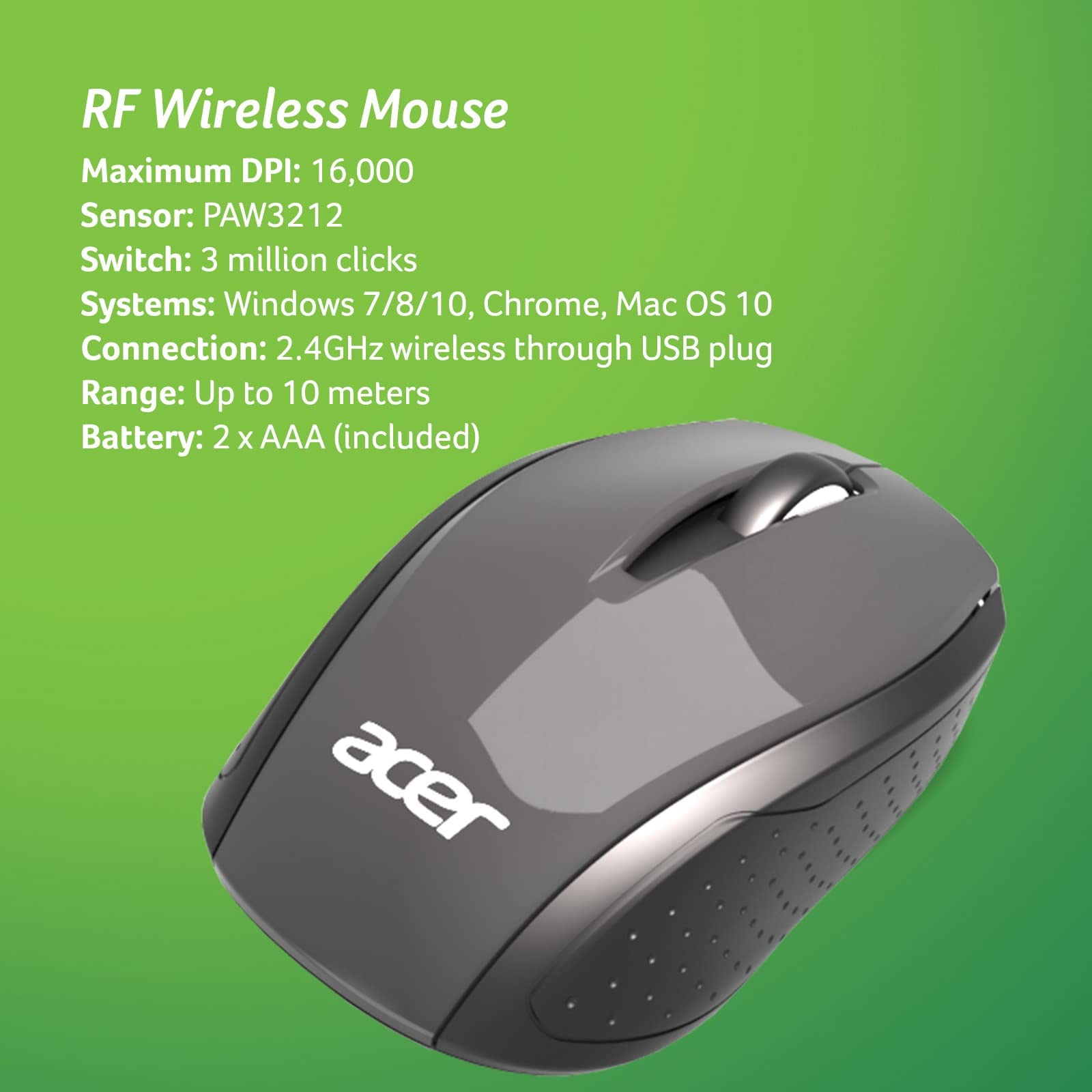Acer Mouse wireless RF (grigio/nero), funziona con Chromebook, con USB Plug and Play per utenti destri/mancini (per Chromebook, PC Windows e Mac)