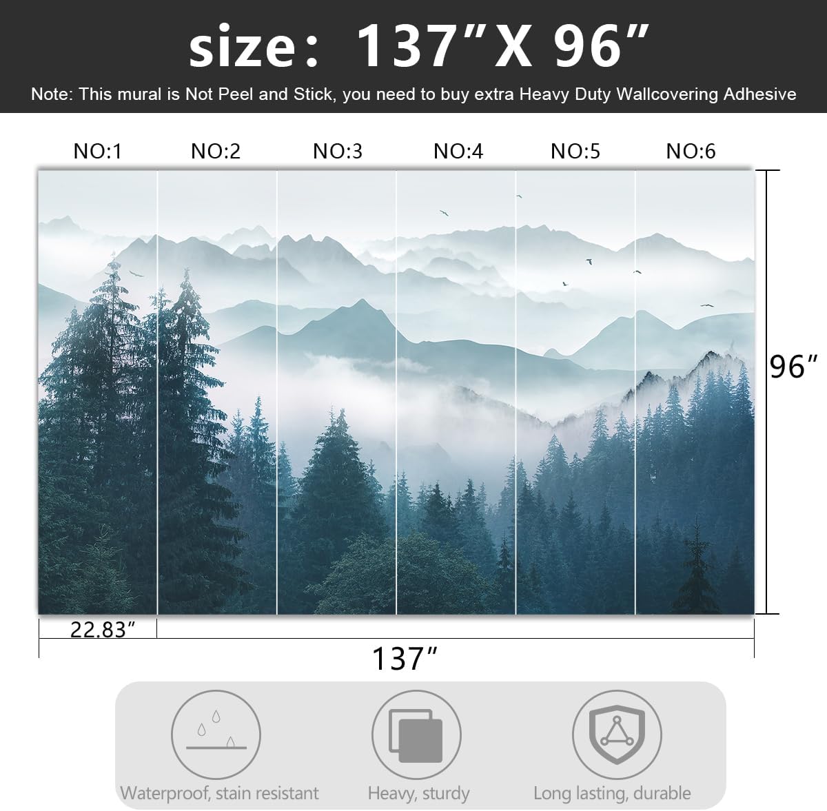 Foggy Forest Pine Scenery Fabric Wallpaper for Living Room Bedroom Bathroom Mountain Large Wall Mural 137"x96" (Not Peel and Stick)