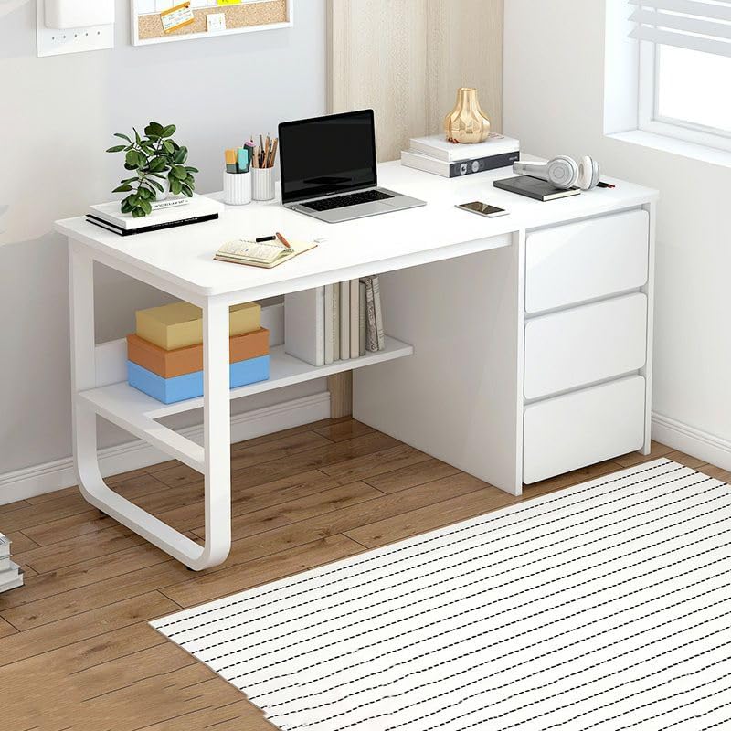 KWOKING Modern White Writing Desk with 3 Drawers & Exterior Shelving Computer Desk Desktop Desk Modern Minimalist Desk Without Chair Bedroom Student Writing Desk With Drawer White 39"L x 20"W x 29"H