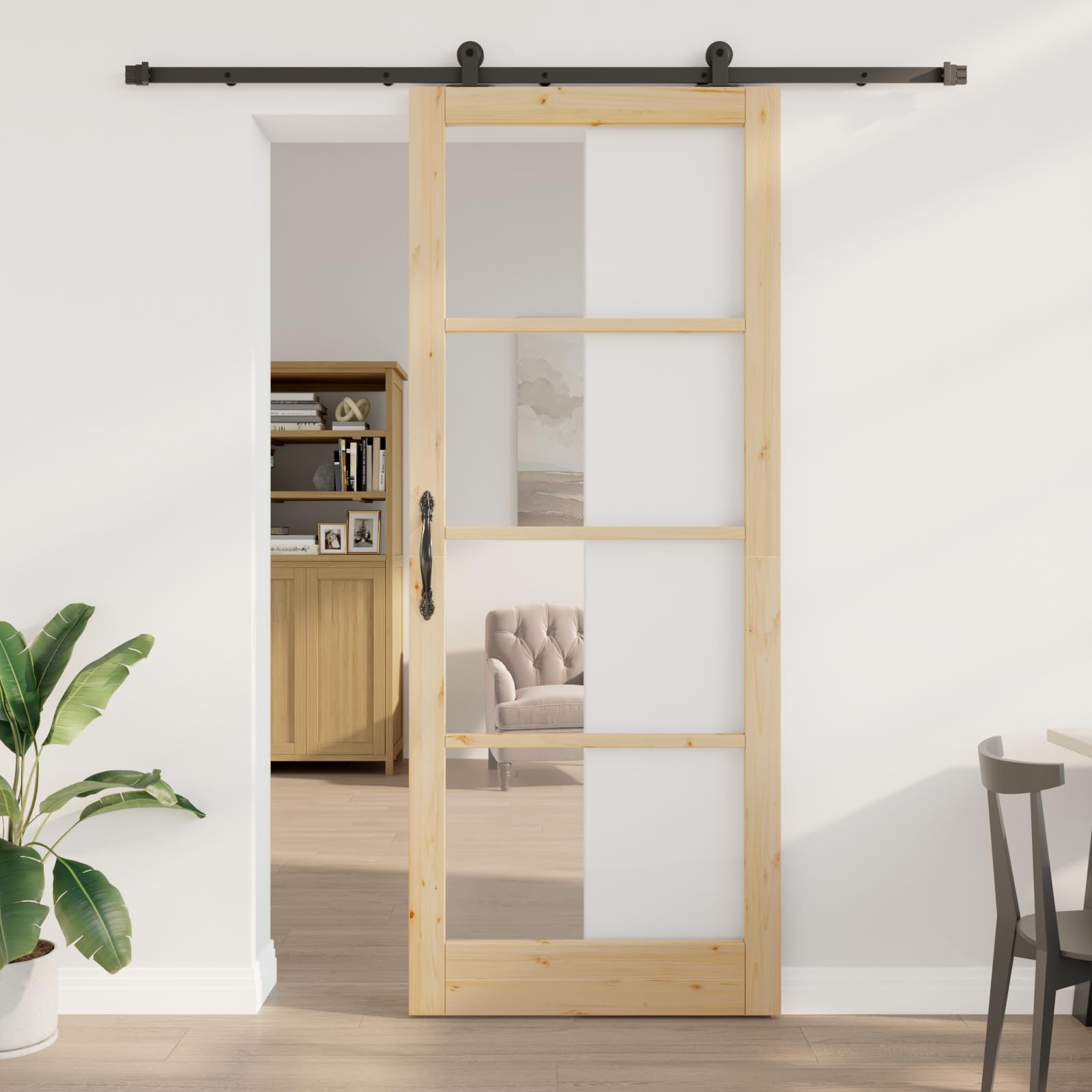 Drzwi przesuwne z okuciami ORKDAL 93 x 232 cm z litego drewna sosnowego z nieprzezroczystym szkłem dla prywatności i nowoczesnego wzornictwa