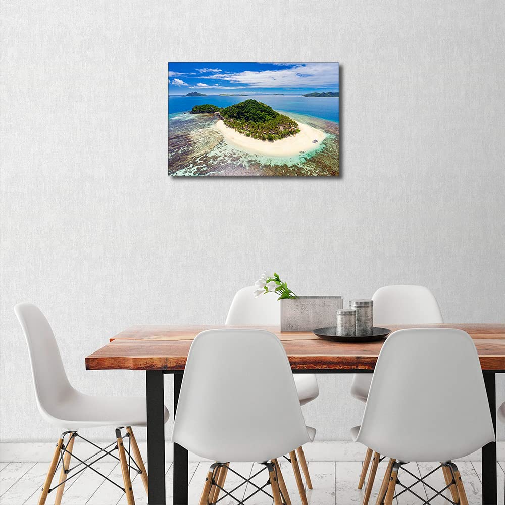 Living Room Decor Wall Art Matamanoa Island Fiji Turquoise Holidays Wall Art Sea Beach Blue Sky Wall Decoration for Bedrrom Room Office Bathroom Artwork for Home Walls Framed (16Wx24H inches) - Image 2