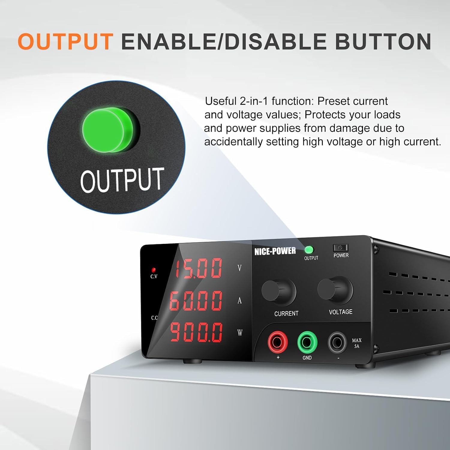 Alimentatore da Banco DC Regolabile, con Manopola Encoder Digitale ad Alta Precisione, Commutazione Automatica CV/CC, Interruttore di Sicurezza per Test Elettronici,Black-15V-60A