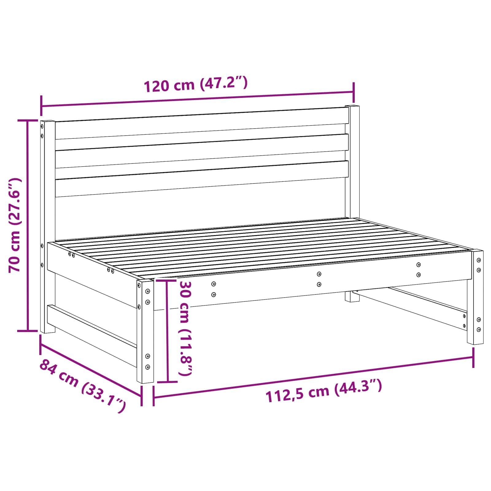 Sofá central de jardín de madera de pino maciza, color marrón cera, resistente a la intemperie, sofá para exteriores con diseño modular, 120 x 84 x 70 cm, ampliable, ideal para terraza