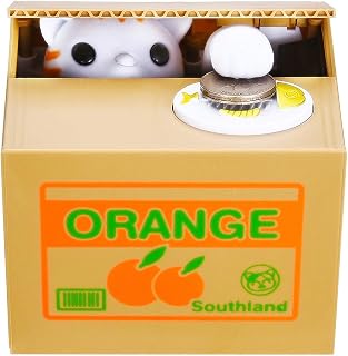 Cat Stealing Money Bank, Piggy Bank for Kids, Coin Bank for Money Saving, Automatic Stealing Money with English Speaking, Creative Gift(Orange)