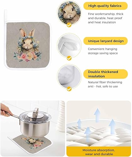 Miniatura 2 de 3 Packs Easter Rabbits Gray Pot Holders Sets for Kitchen,Oven Pan Plate Bowl Pads Heat Proof Mat with Hanging Loop,Terry Cloth Potholders Soft Grip