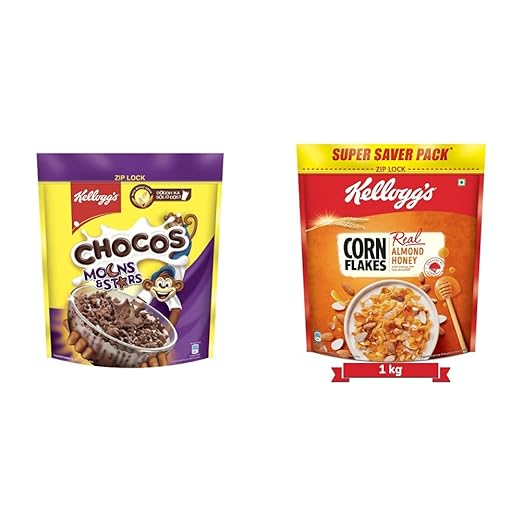 Kellogg's Combo, Kellogg's Chocos Moons and Stars 1.2 kg Pouch and Kellogg's Corn Flakes Real Almond and Honey, 1 kg