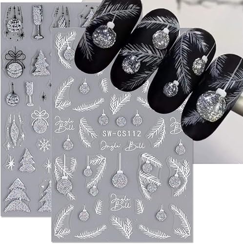 Miniatura 4 de Dornail Calcomanías de uñas con purpurina navideña, 4 hojas de árbol de Navidad, cascabel plateado, hoja de pino, copos de nieve 3D, calcomanías de