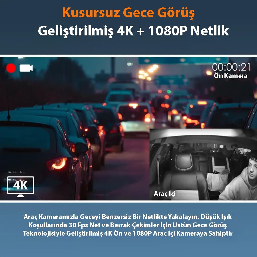 Rexing R316 4K Araç Kamerası, GPS ve Wi-Fi, 64GB SD Kart, Çift Kamera, Gece Görüşü