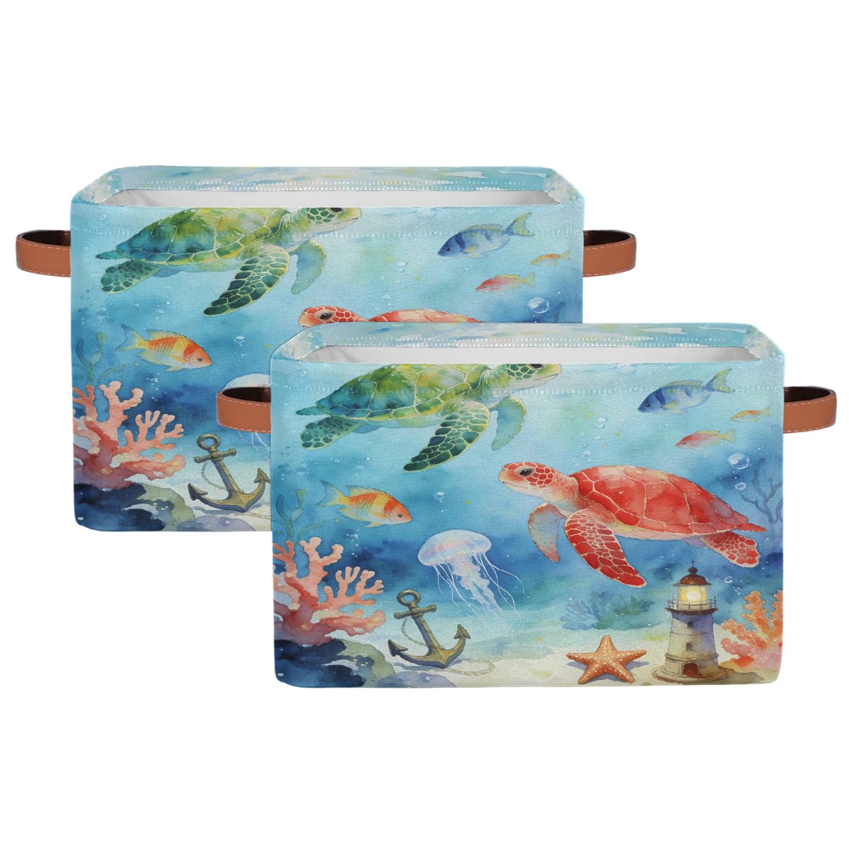 Aquarell-Aufbewahrungskorb mit Ledergriffen, rechteckig, mit Ledergriffen, 2 Stück, faltbarer Stoff-Aufbewahrungskorb für Schrank, Badezimmer, Wohnzimmer, Büro, Spielzeug, Organizer