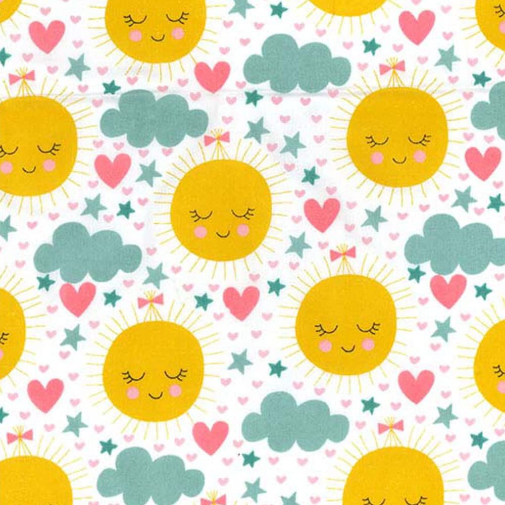 Polycotton Fabric Happy Sunshine Sun Clouds Heart Nursery Kids Childrens (per metre)